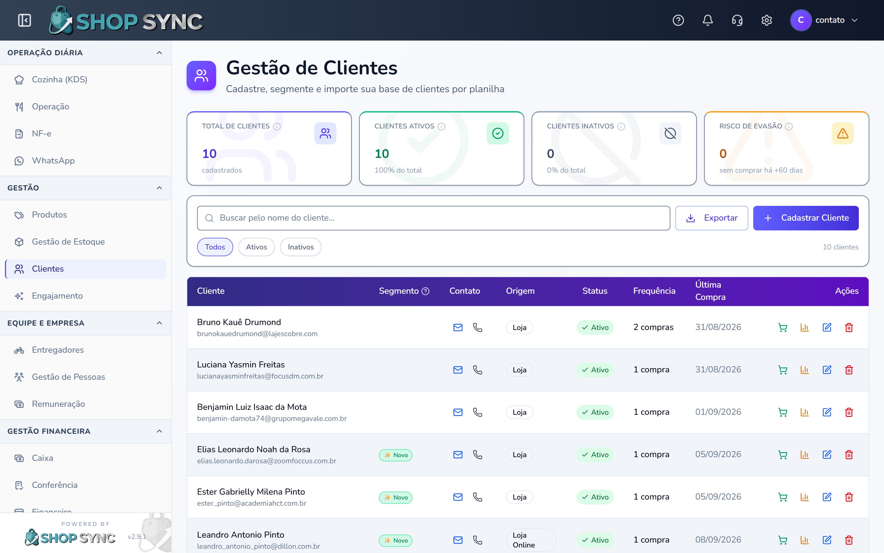 Tela de Clientes & CRM do ShopSync
