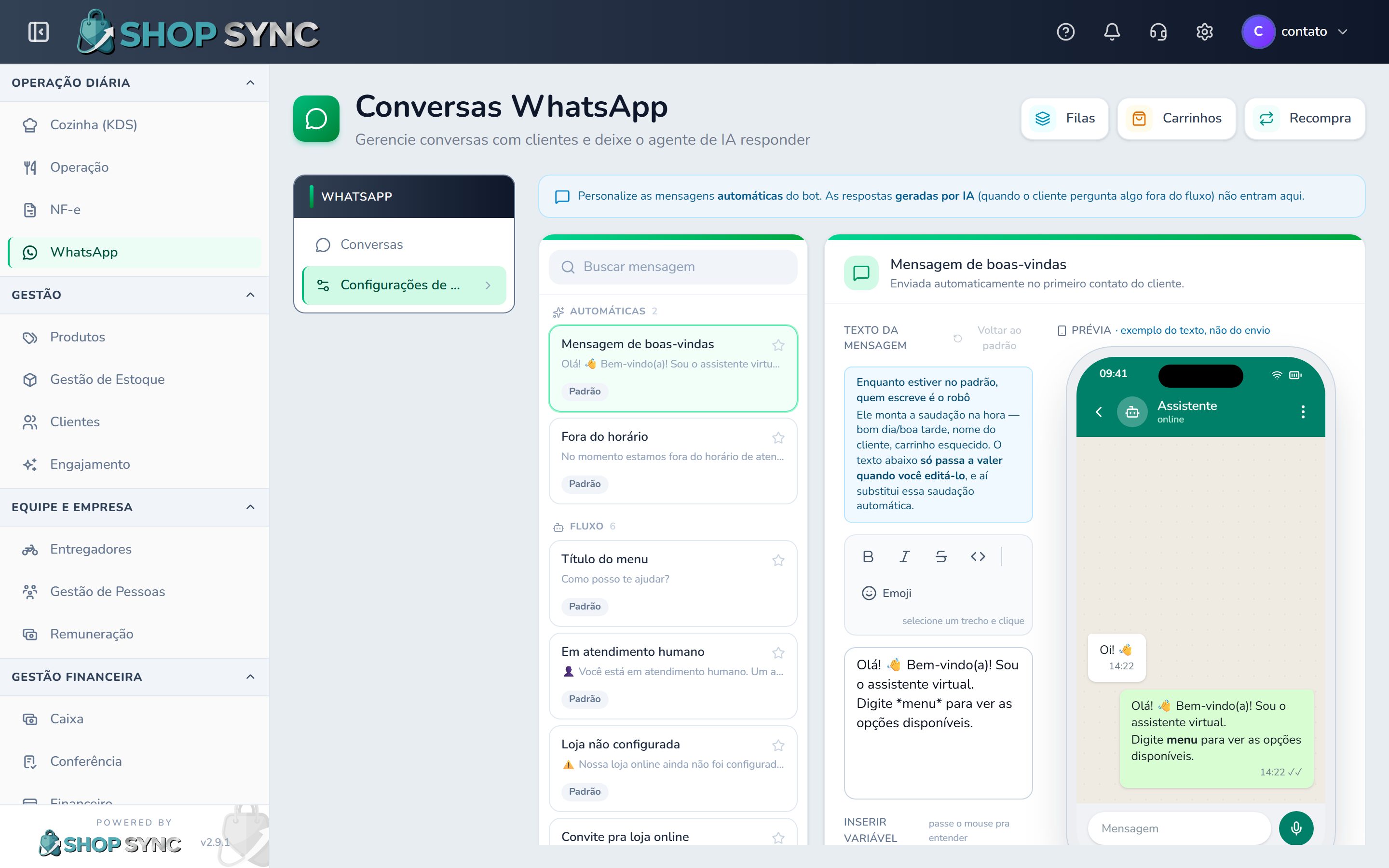Tela de WhatsApp do ShopSync